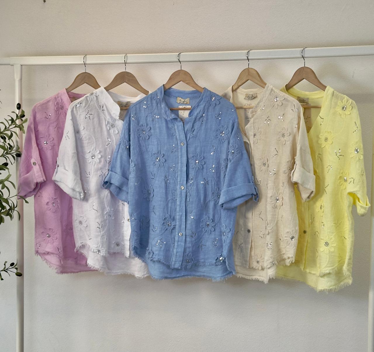 Italian Blue Floral Set with Embroidered Shirt, Belt and Palazzo Pants