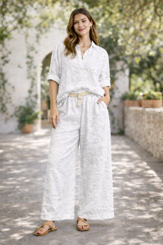 Italian White Floral Set with Embroidered Shirt, Belt and Palazzo Pants