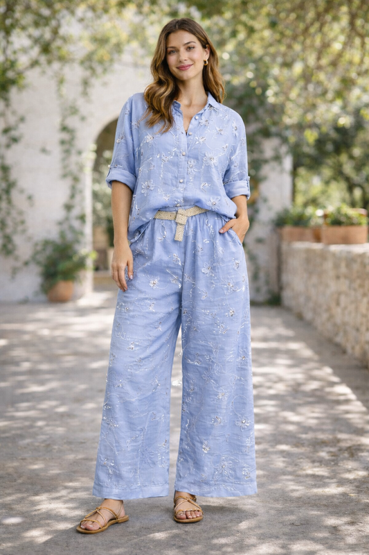 Italian Blue Floral Set with Embroidered Shirt, Belt and Palazzo Pants