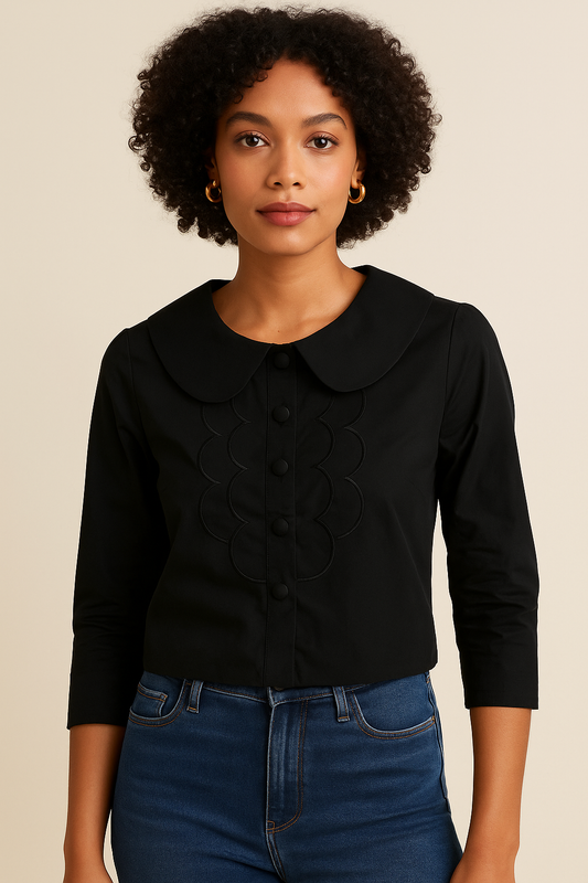 BCBG Black Blouse Features a Sleek Button-Down Front