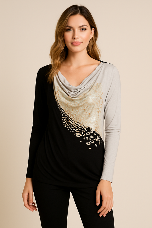 Long Sleeve Blouse Gray And black With Gold Accent Desing