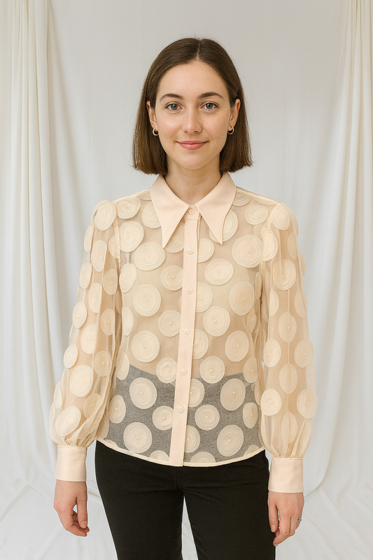 Gracia Top in Beige Sophisticated Sheer Design With a Distinctive Circular Accent