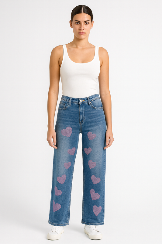 Denim Heart Pants in Pink Rhinestone