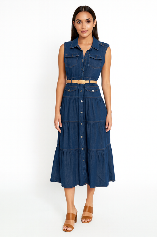 Denim Dress with Brown Belt