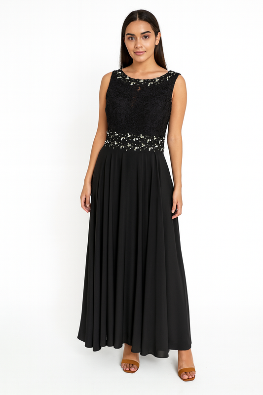 Elegant Long Black Dress Features a Delicate Lace Top Adorned with Sparkling Rhinestones
