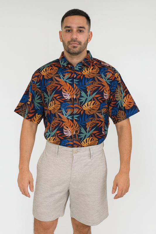 Mens Strech Button Down Shirt Multicolors Leaf Print