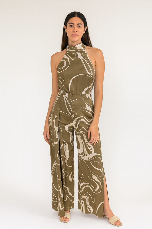 Marble Halter Jumpsuit Olive Green & White