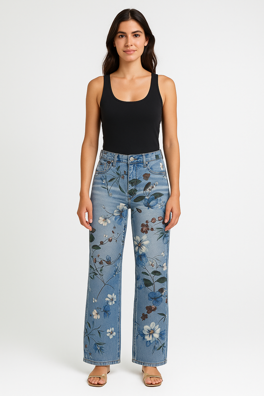 Denim Print Pants Floral Blue