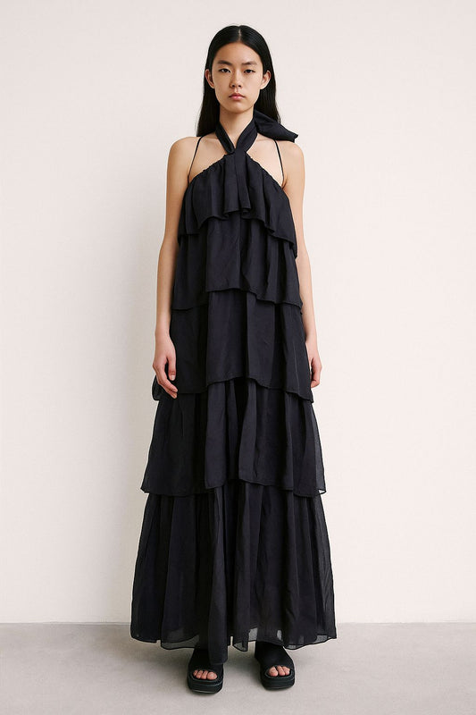Volados Dress in Black Halter