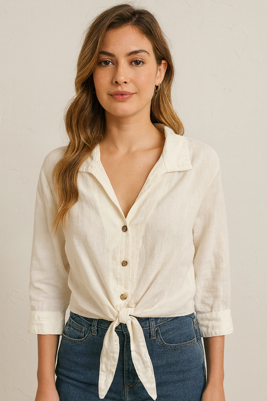 Linen Blouse With Knot in Butter Color