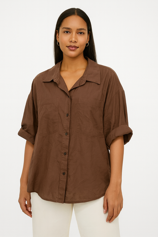 Linen Shirt Long Sleeve Italian in Brown