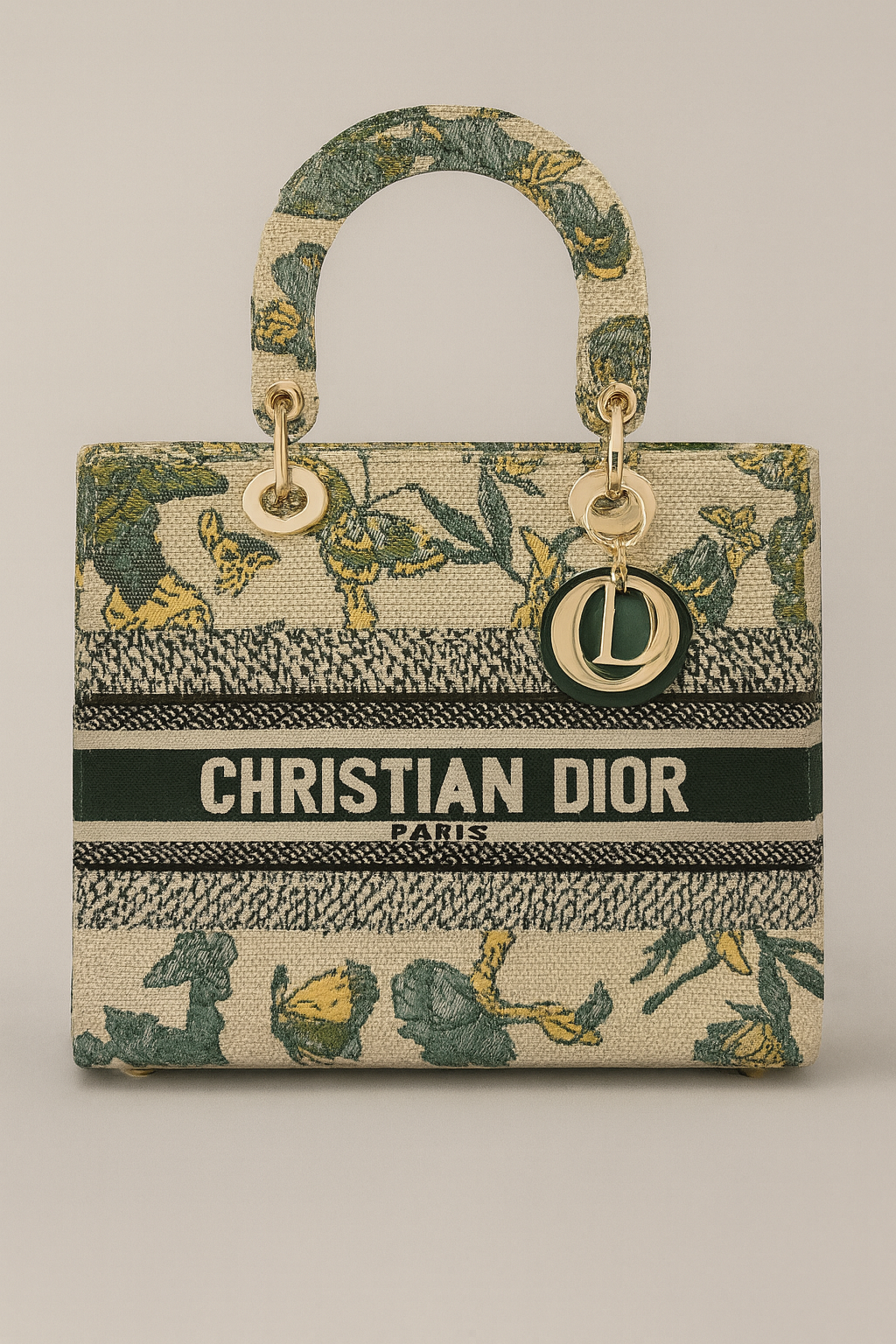 Designer Inspired Tote Bag Beige Base Complemented By Subtle Green Accents