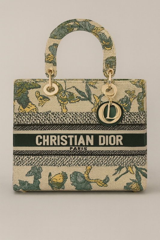 Designer Inspired Tote Bag Beige Base Complemented By Subtle Green Accents