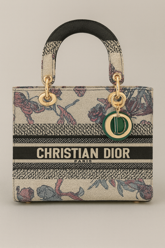 Designer Inspired Tote Bag Beige Base Complemented By Subtle Black, Pink and Blue Accents