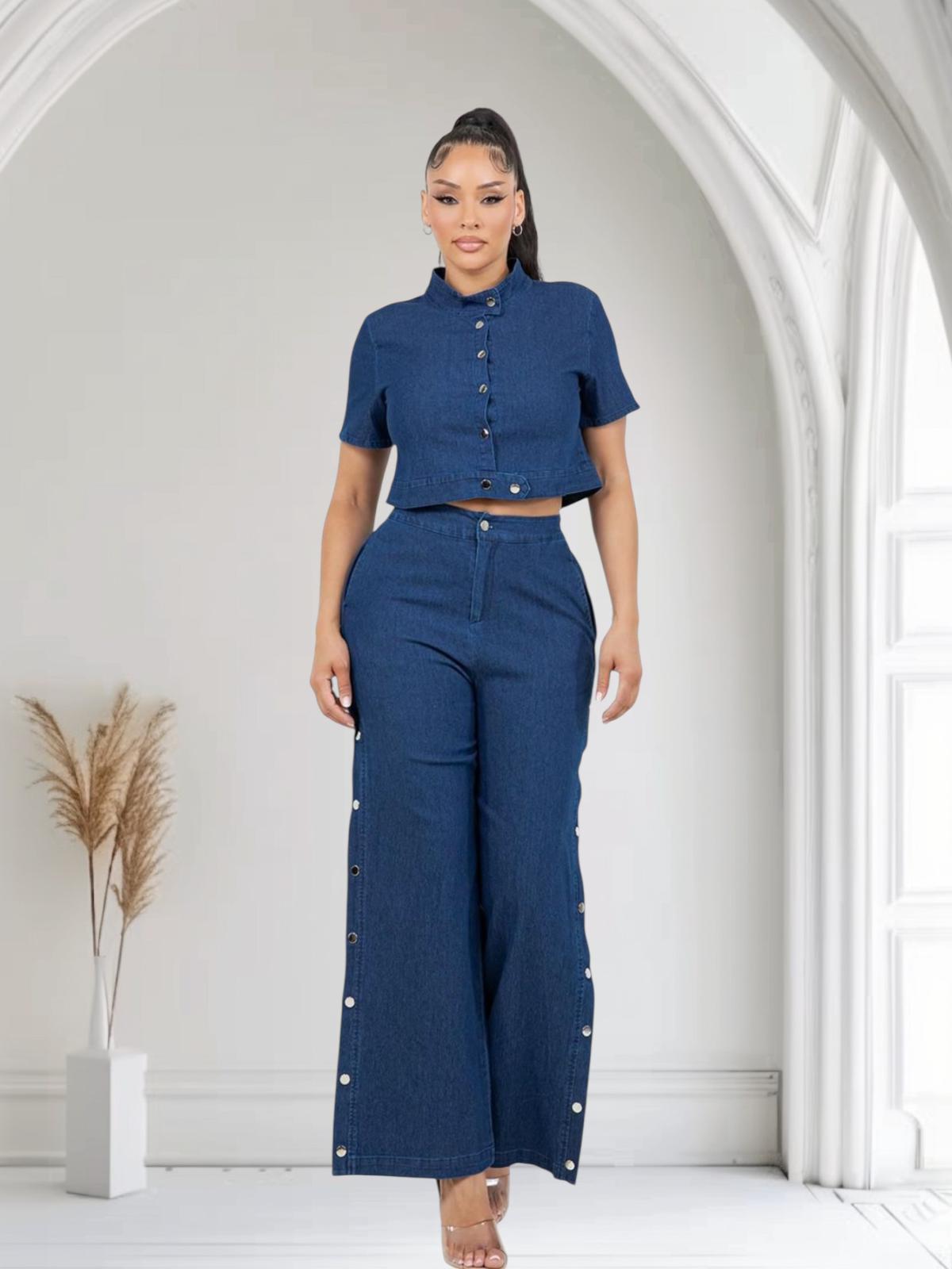 Set Denim Crop Top & Pants with Gold Accent Buttons