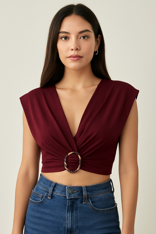 Cropped Top Features a Sophisticated Gold Accent On The Chest In Burgundy