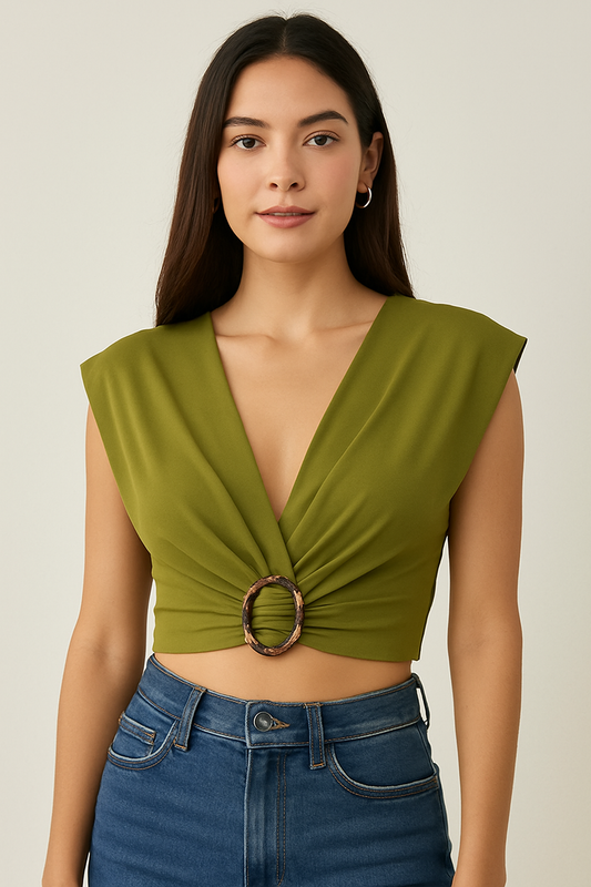 Cropped Top Features a Sophisticated Gold Accent On The Chest in Olive Green