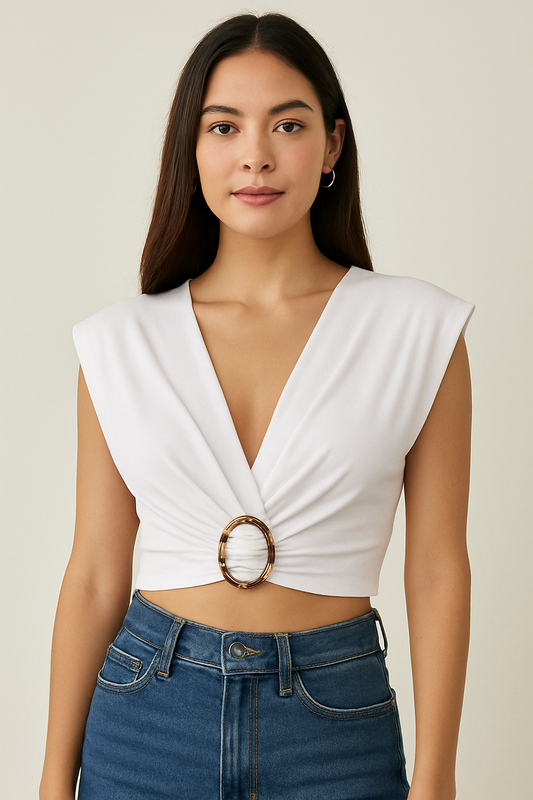 Cropped Top Features a Sophisticated Gold Accent On The Chest in White
