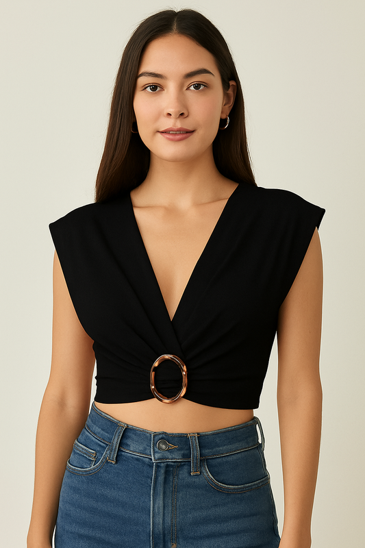 Cropped Top Features a Sophisticated Gold Accent On The Chest in Black