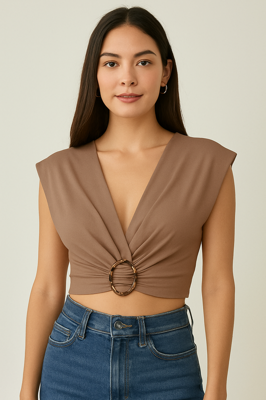 Cropped Top Features a Sophisticated Gold Accent On The Chest in Taupe