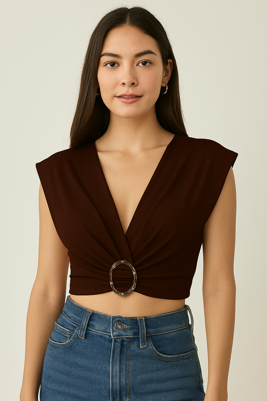Cropped Top Features a Sophisticated Gold Accent On The Chest in Brown