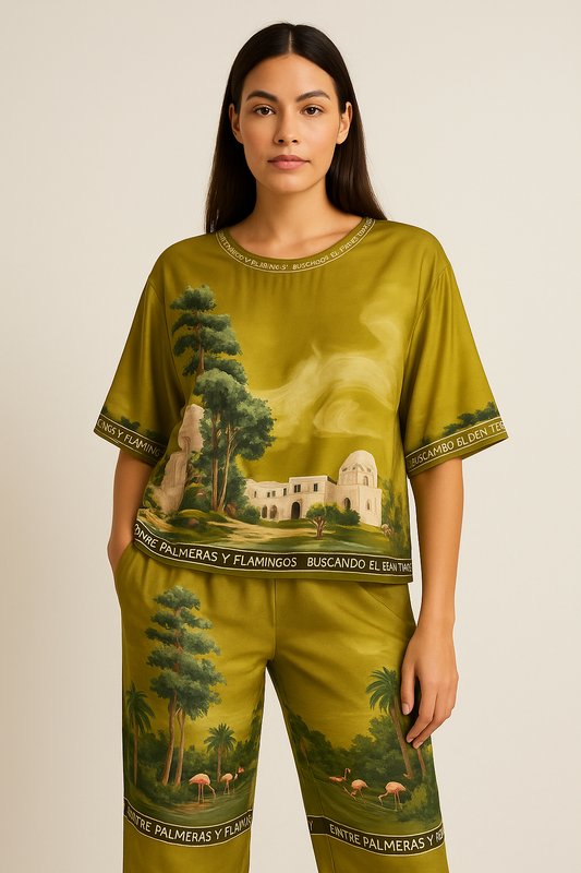 Satin Pants And Blouse Set In Green From Italia Collection