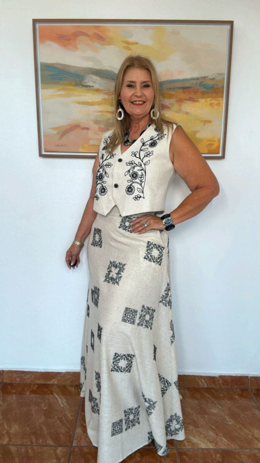 Cotton-linen color-blocked geometric embroidered A-line long skirt