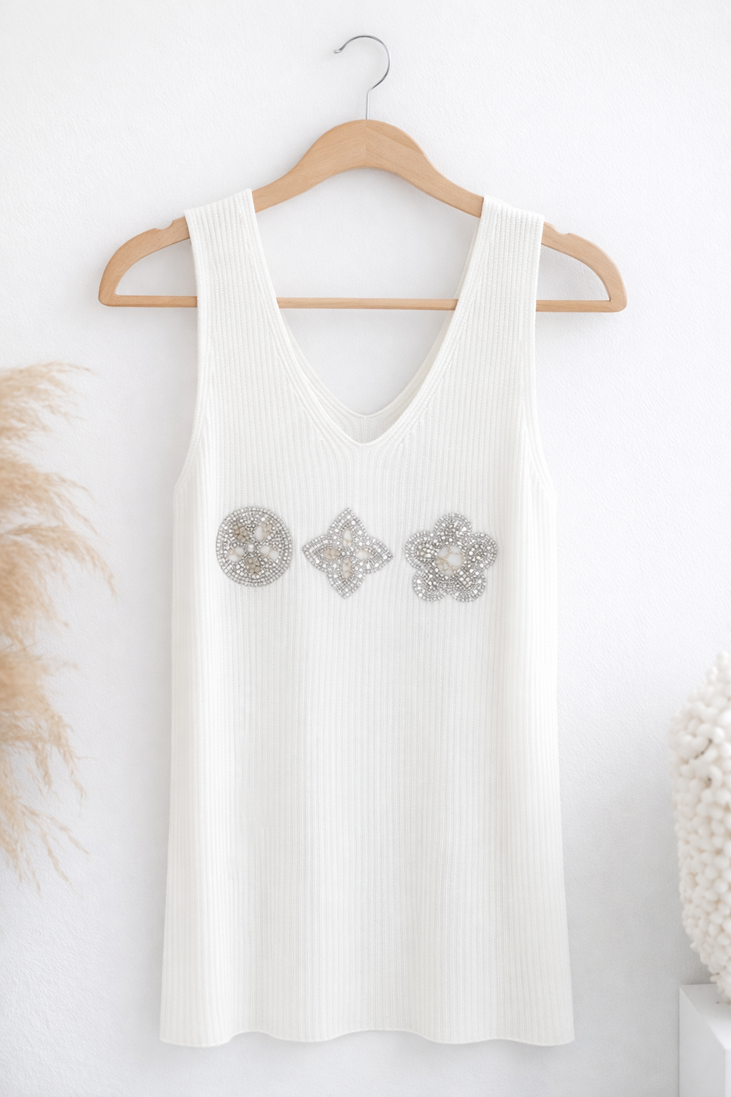 White Tank Top with Sparkling Embellishments and Sophisticated Style