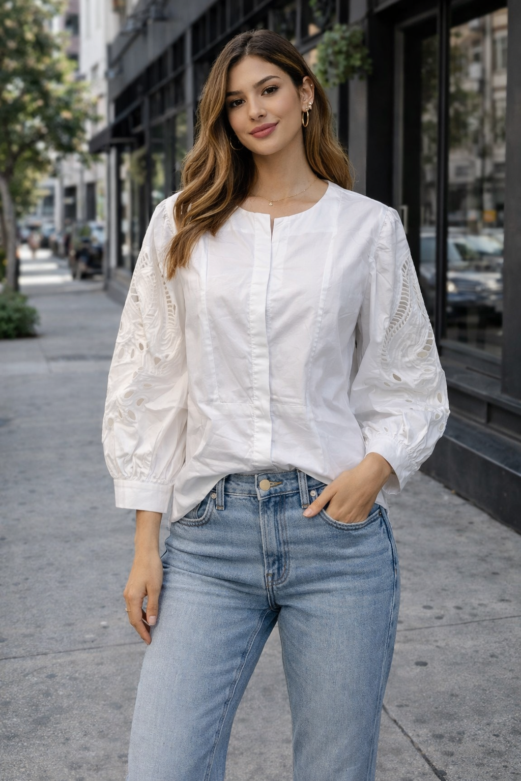White Blouse with Cutout Sleeve Details