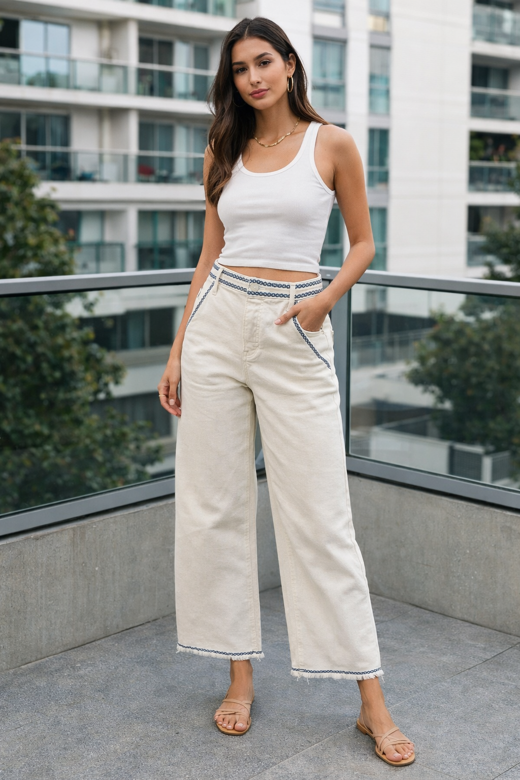 White Mediterranean-Style Pants with Embroidered Trim