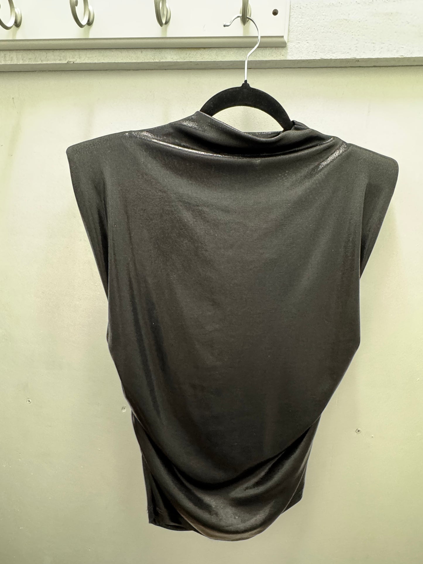 Italian Black Metalic Shirt with Draped Neckline and Ruched Waist