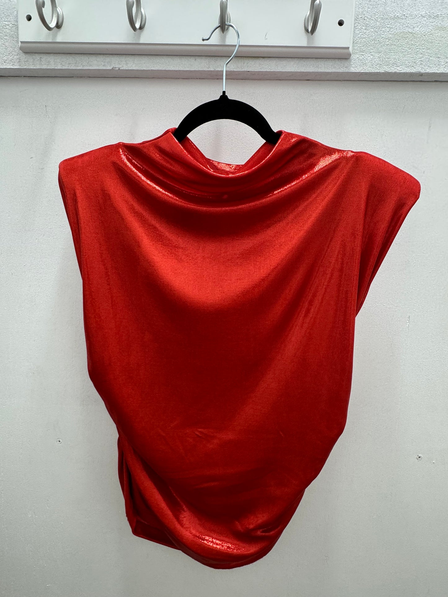 Italian Red Metalic Shirt with Draped Neckline and Ruched Waist