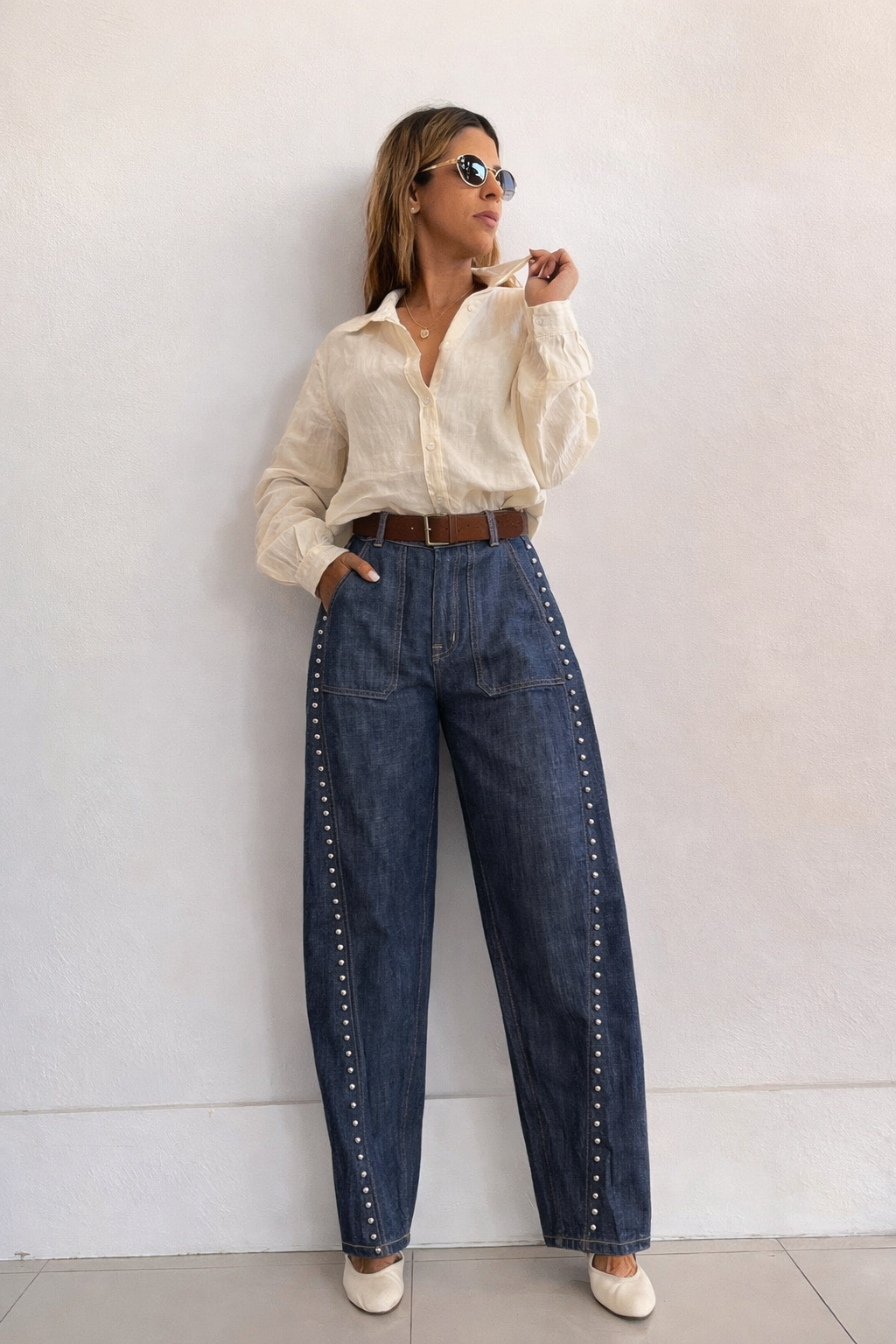 Italian High-Waisted Dark Denim Pants with Silver Stud Side Details