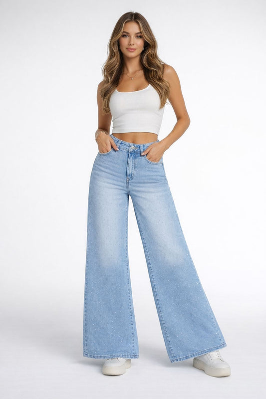 Italian High-Waisted Light Wash Wide-Leg Denim with Subtle Sparkle Detail