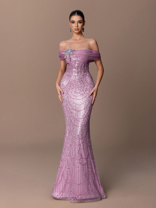 Lavender Off-Shoulder Gown with Crystal Embellishments and Mermaid Silhouette