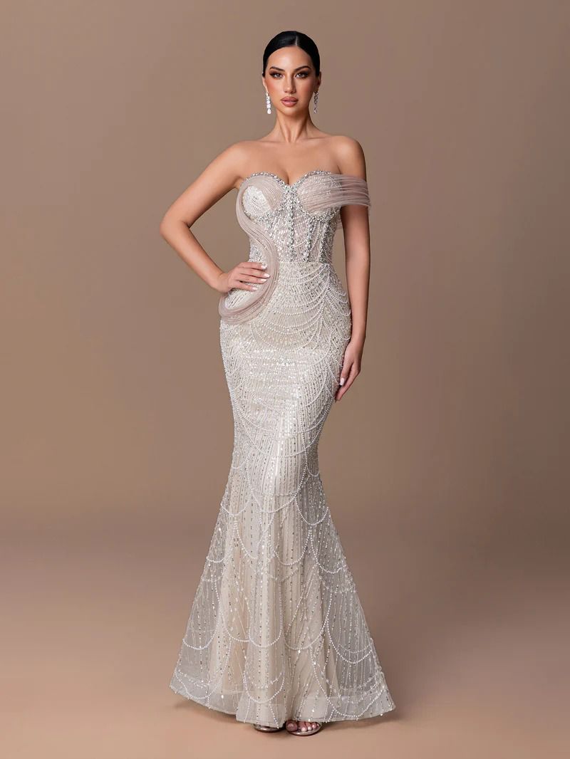 Champagne Glamour Gown with Draped Detail and Crystal Embellishments