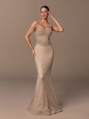 Gold Strappy Gown with Embellishments and Elegant Neckline