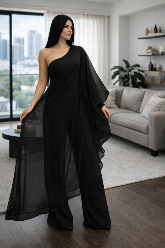 One-Shoulder Mesh Jumpsuit â€“ Elegant & Effortless in Black