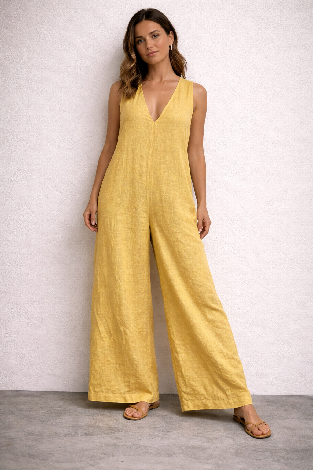 Italian Jumpsuit Yellow Line Wide-Leg With Keyhole Back Detail