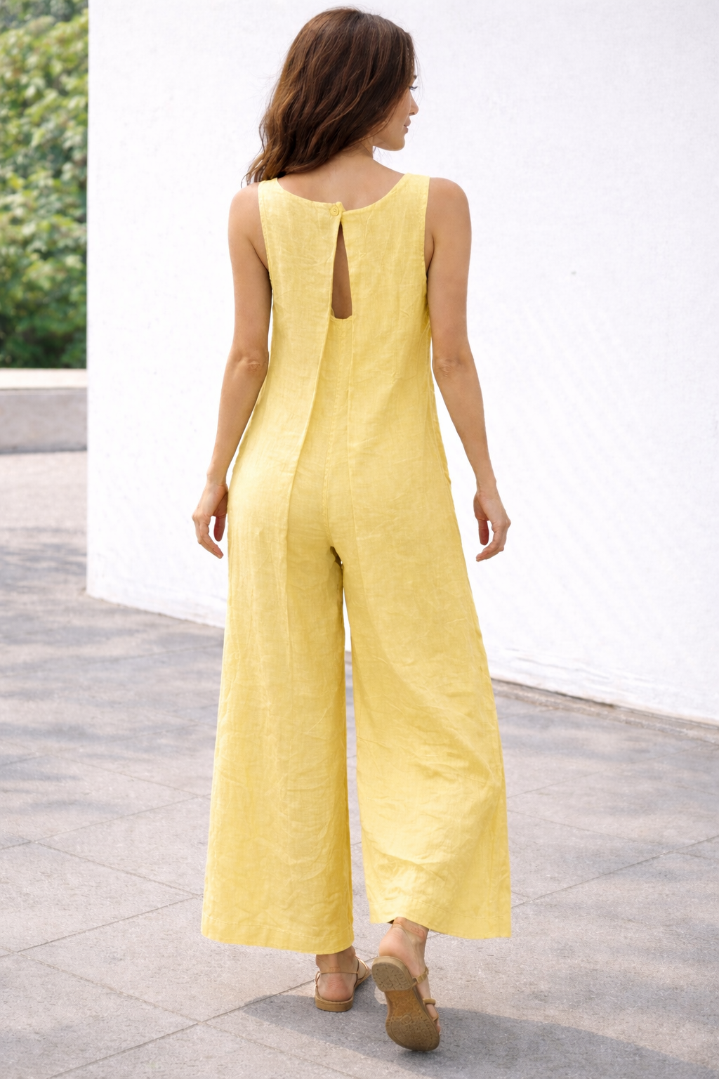 Italian Jumpsuit Yellow Line Wide-Leg With Keyhole Back Detail