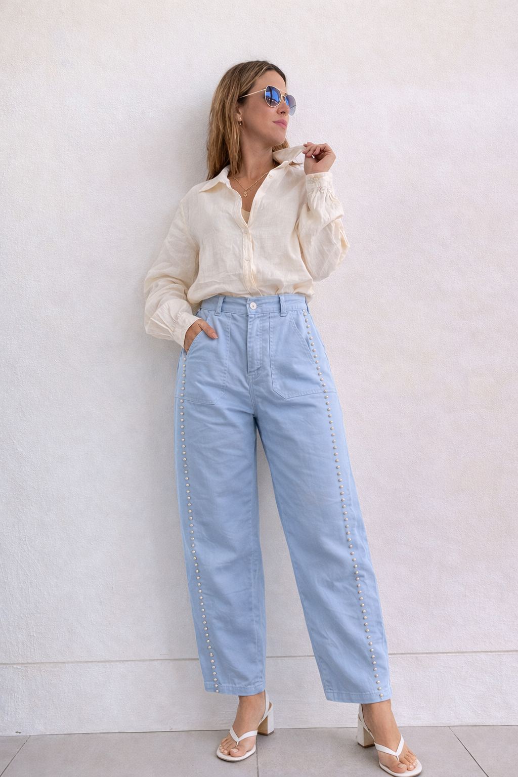 Italian Barrel Blue Pant With Metalic Details