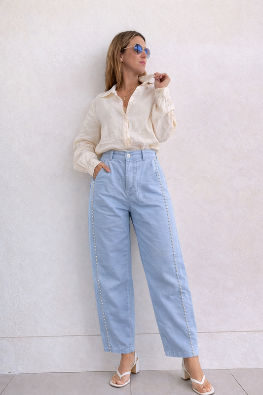 Italian Barrel Blue Pant With Metalic Details