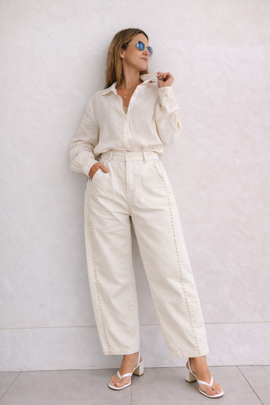Italian Barrel Ivory Pant With Metalic Details