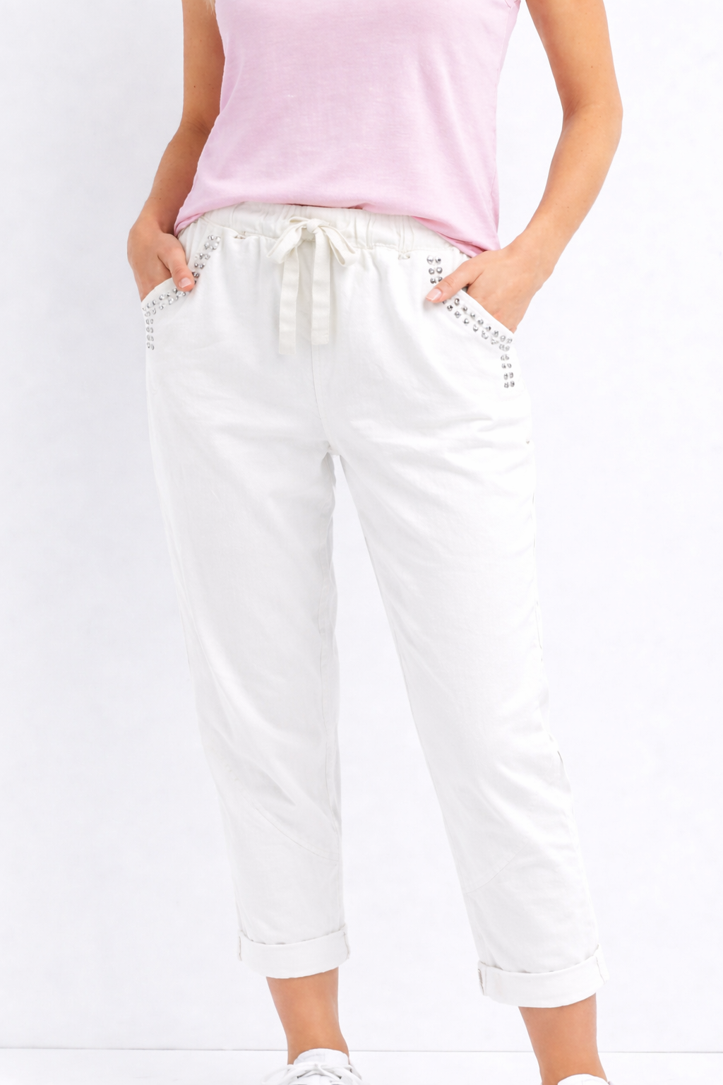 Italian Pant With Silver Studs White-One size