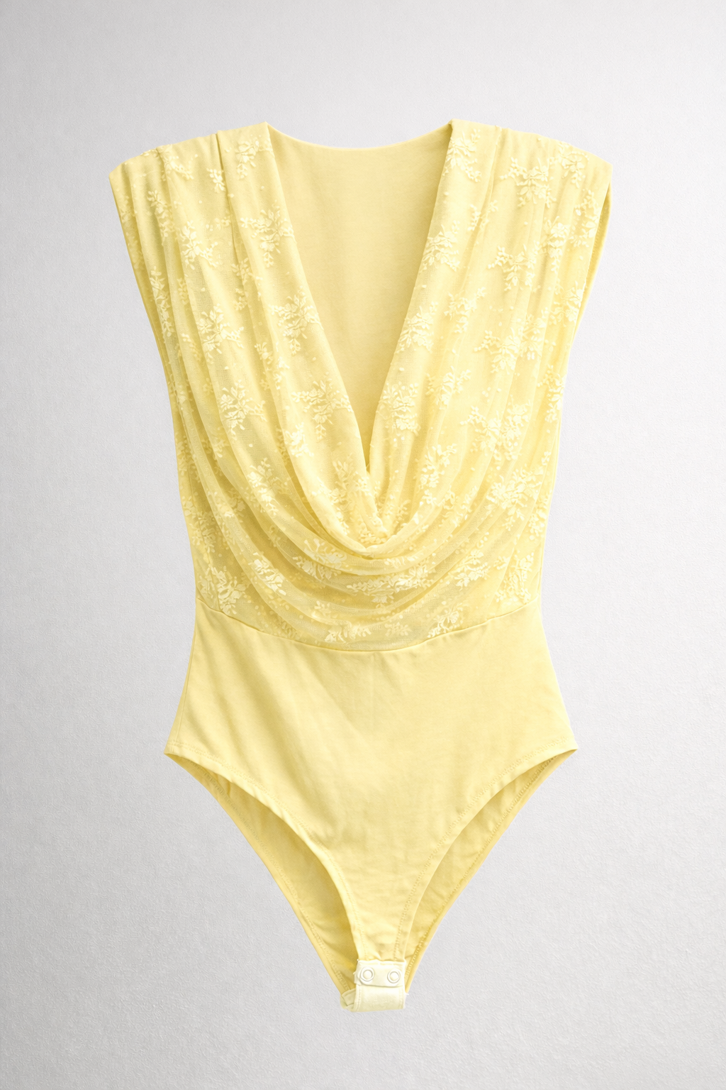 Italian Yellow Bodysuit with Draped Cowl Neck and Floral Lace Embroidery