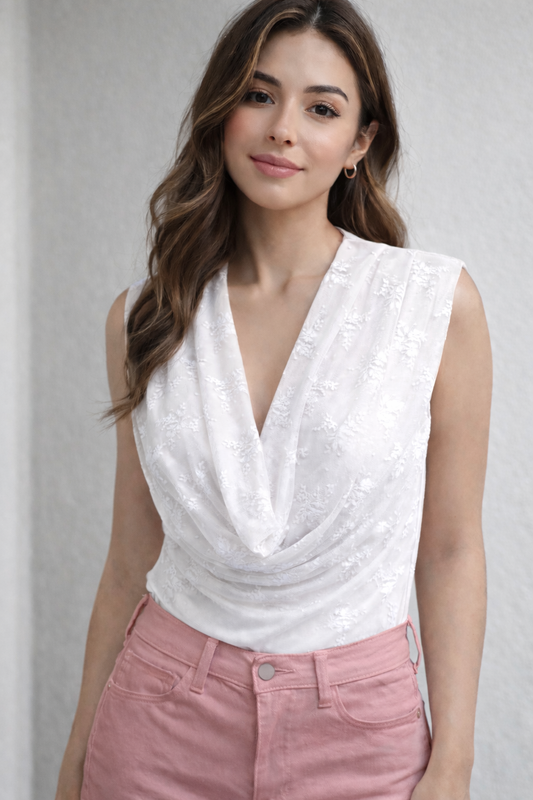 Italian White Bodysuit with Draped Cowl Neck and Floral Lace Embroidery