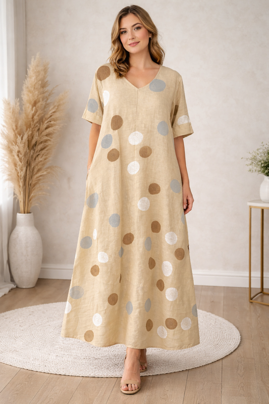 Beige Linen Polka Dot Maxi Dress