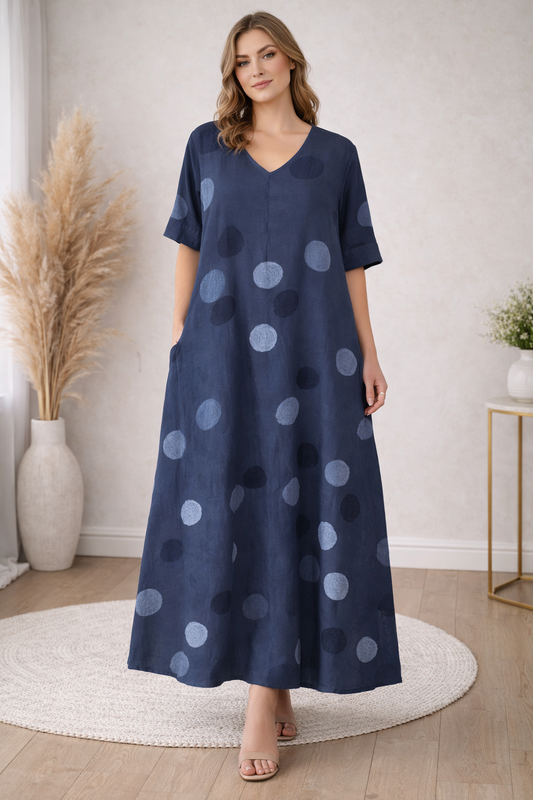 Navy Linen Polka Dot Maxi Dress