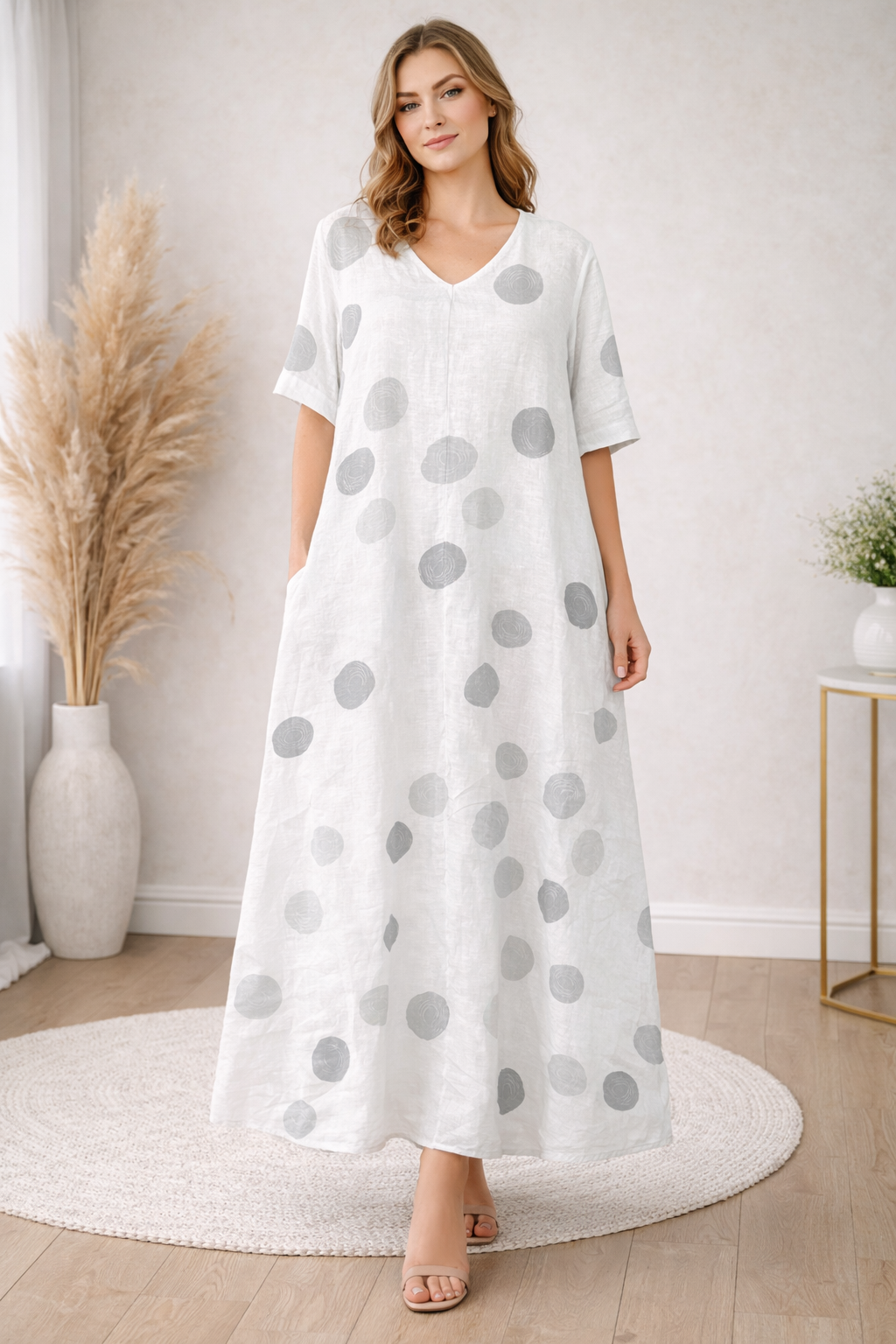 White Linen Polka Dot Maxi Dress