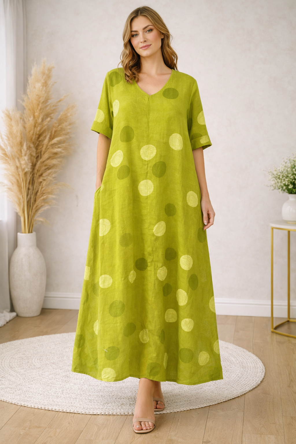 Green Linen Polka Dot Maxi Dress